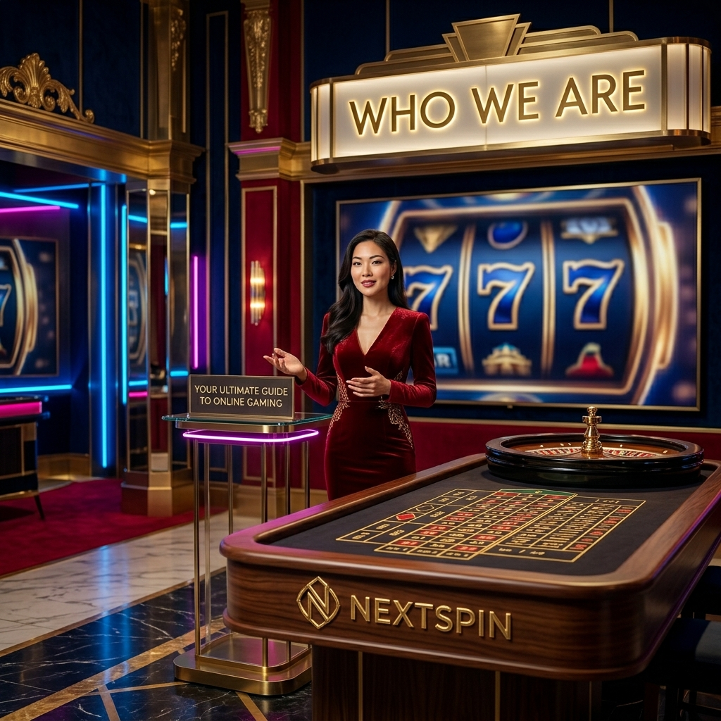 A professional Asian female presenter in a luxurious, high-fantasy casino setting, highlighting the "WHO WE ARE" message and "NEXTSPIN" logo, designed for a premium online gaming experience.