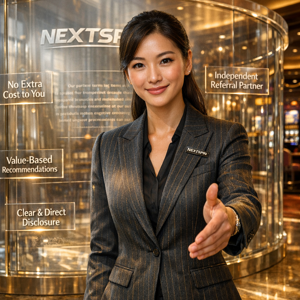 Professional Asian female presenter in transparent glass lounge demonstrating Nextspin's affiliate disclosure commitment, emphasizing no extra cost, independent referral partnership, value-based recommendations, and integrity for Southeast Asian players seeking honest online slots for real money guidance.