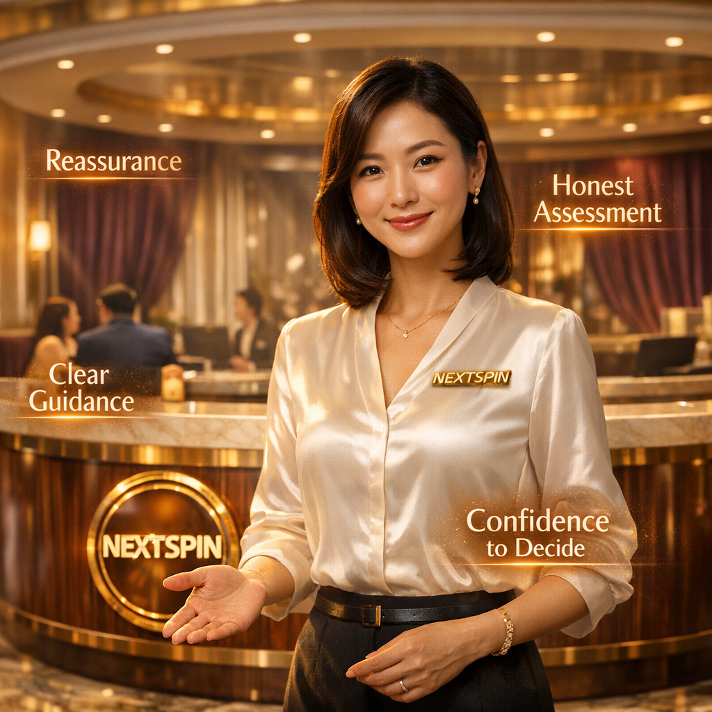 Professional Asian female presenter in welcoming luxury casino consultation atrium representing Nextspin's trusted guidance, offering reassurance, honest assessment, and clear direction for Southeast Asian players exploring online slots Singapore and seeking confidence in their real money gaming decisions.