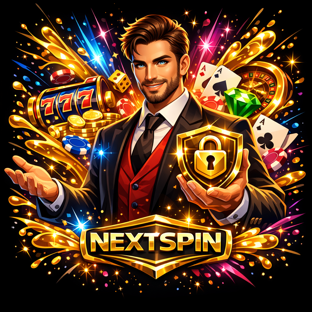 A stunning high-end vector illustration showcasing the theme of safety and reliability in online gaming, featuring vibrant neon colors, a charismatic presenter, and the luxurious NEXTSPIN logo, all set against a deep black and gold background.

