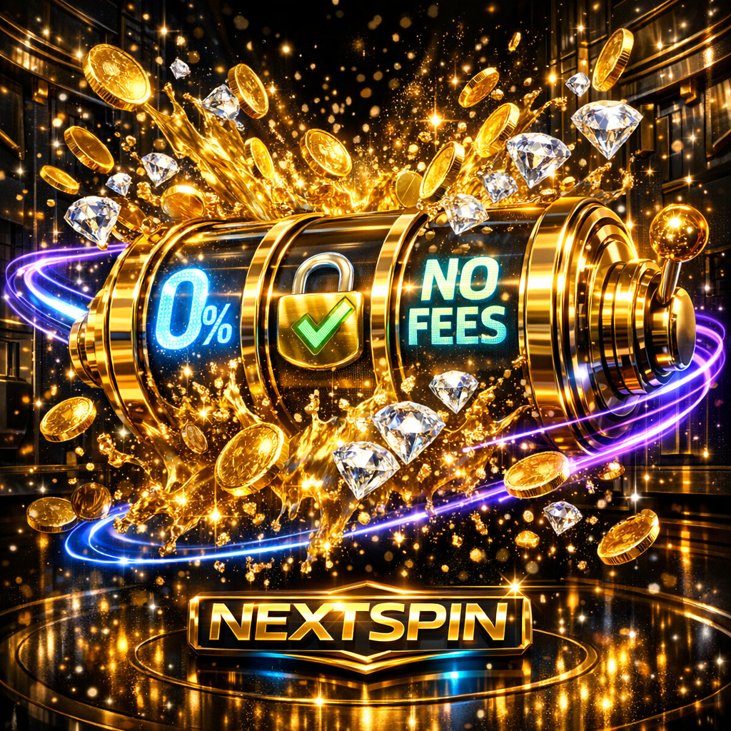 An ultra-premium 3D render of a luxury gold and black casino environment featuring a jackpot explosion of coins and neon lights, representing transparent and secure online slot gaming on the Nextspin platform.

