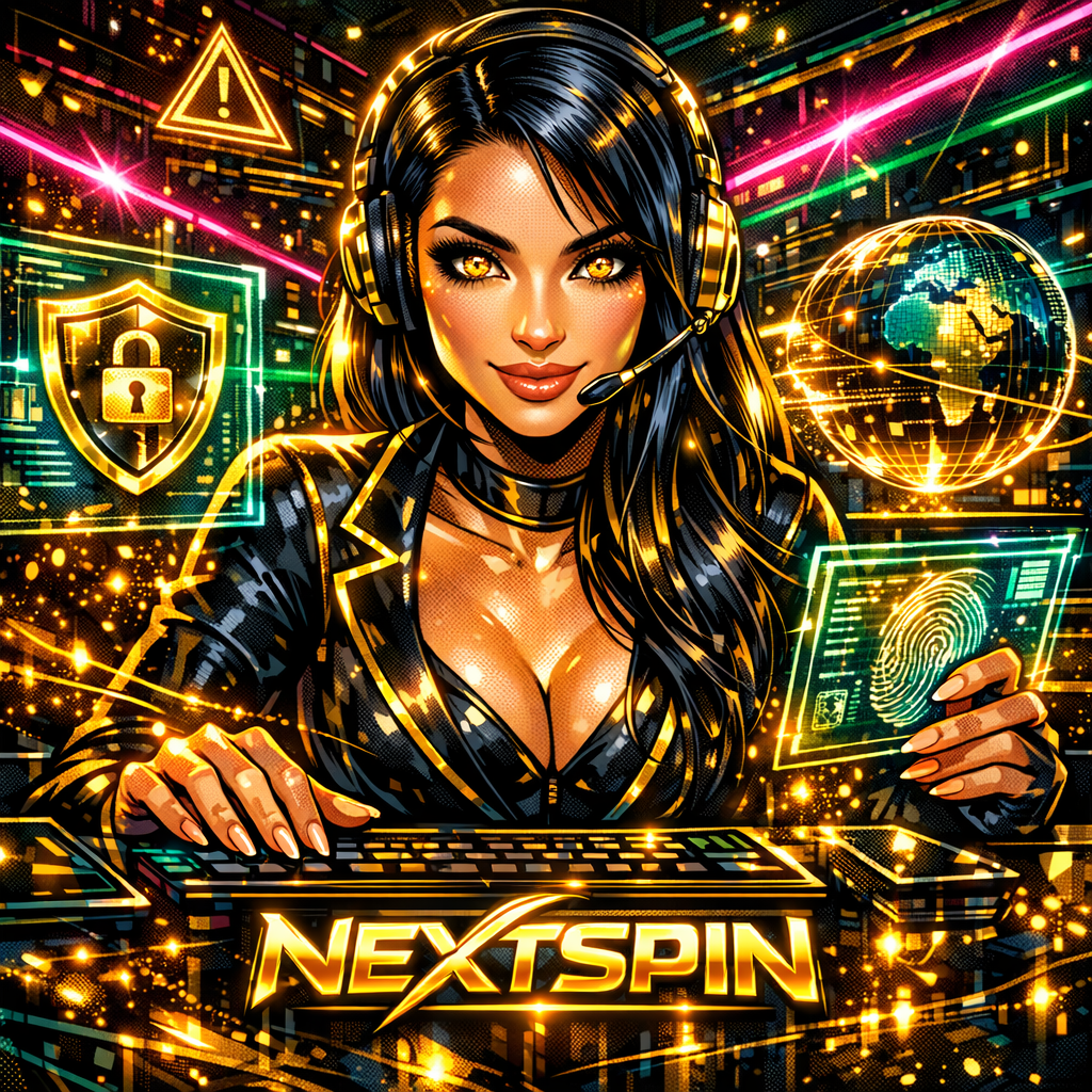 A futuristic cyberpunk 3D illustration of a stunning digital assistant providing premium customer support for Nextspin, featuring vibrant neon lights, liquid gold accents, and a high-tech secure login environment.

