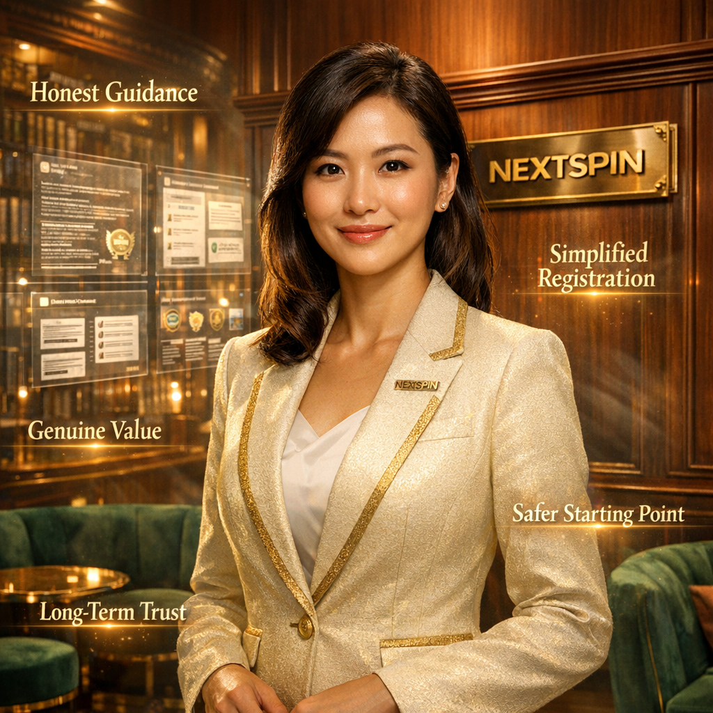 Professional Asian female presenter in luxurious casino advisory lounge representing Nextspin's community mission, emphasizing honest player guidance, transparent recommendations, simplified registration, and trustworthy online slots for real money for Southeast Asian players.