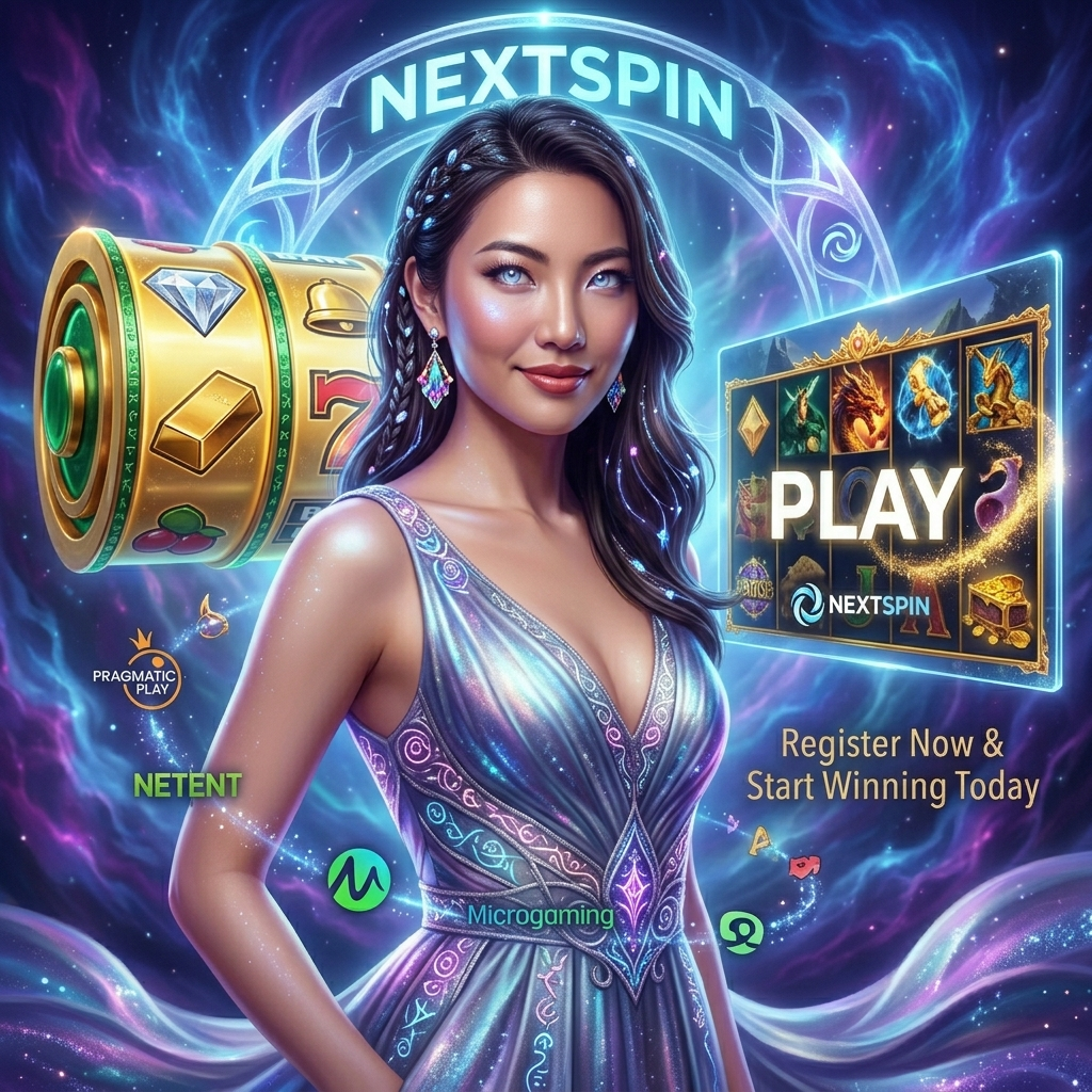 A fantasy-themed advertisement for Nextspin's instant access to a premium library of online slots games from top providers like Pragmatic Play, NetEnt, and Microgaming. An elegant Asian female presenter in a magical iridescent gown stands before a celestial vault of crystalline game icons, including a glowing classic fruit machine and a cutting-edge video slot interface. The NEXTSPIN logo appears as a majestic holographic archway. This detailed 1:1 square image uses ethereal glow, mythical energy, enchanted particle effects, and otherworldly color grading to visualize the boundless, magical selection of games available to players in Singapore.

