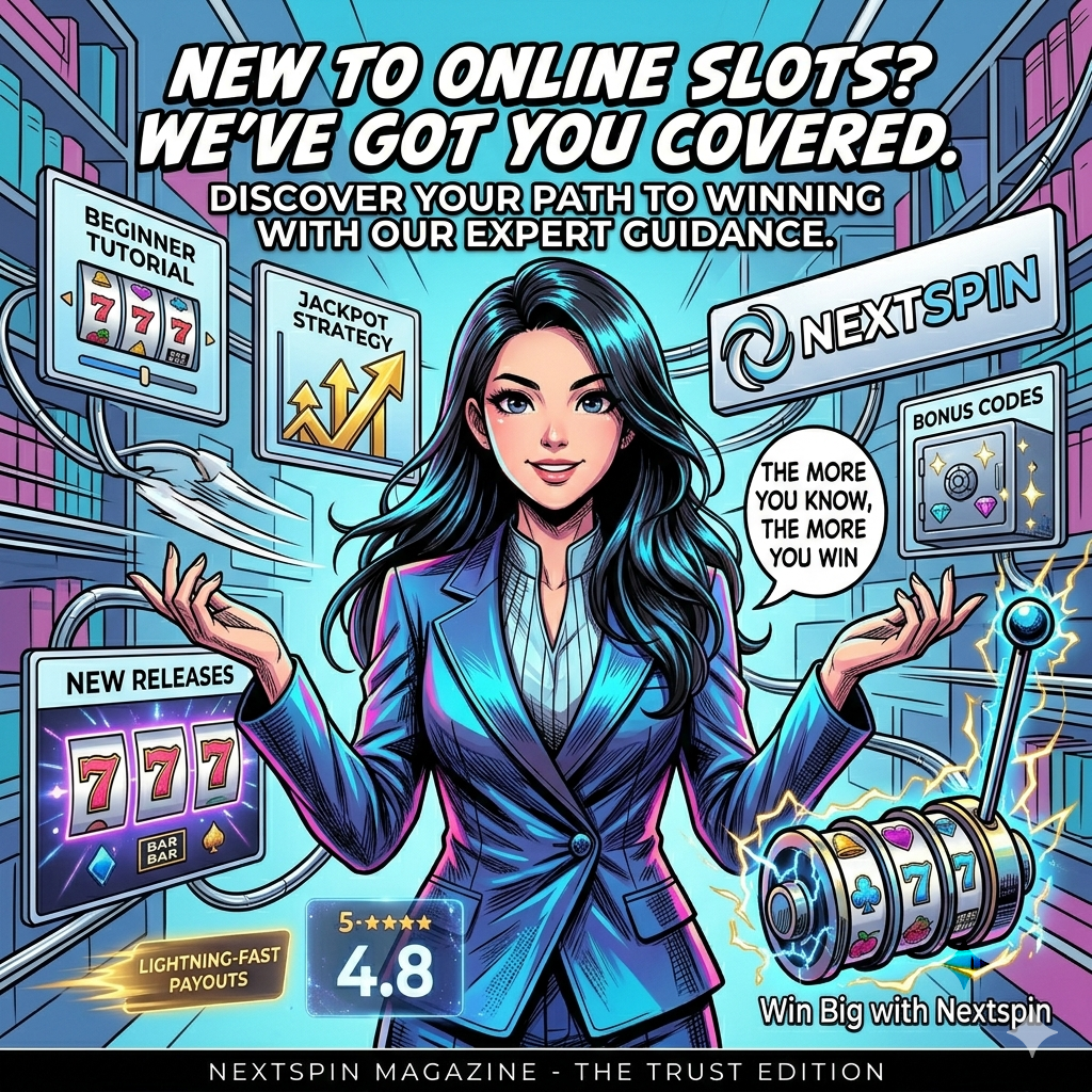 A dynamic comic book-style advertisement for Nextspin's beginner guides and expert tips for online slots. A confident Asian female presenter in a sleek, stylized suit gestures towards vibrant floating graphics showing tutorials, strategies, game reviews, and bonus codes. The NEXTSPIN logo appears as a bold, metallic graphic. This 1:1 image uses vibrant pop colors, dramatic ink contours, cel-shading, and explosive action highlights to visually communicate the power of knowledge for winning at online slots, perfect for engaging new players in Singapore.

