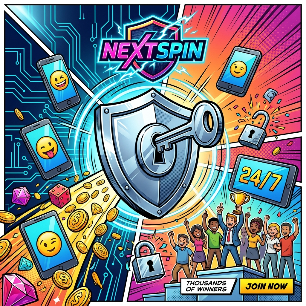Energetic comic book style advertisement for Nextspin, featuring a colossal chrome shield being locked by a giant key amidst a cascade of gold coins, gem dice, and floating devices. A crowd of stylized winner figures celebrates below under a neon Nextspin logo. The dynamic scene uses bold cel-shading, ink contours, speed lines, and vibrant pop colors to convey bank-level security, 24/7 multilingual support, and the thrill of joining a community of winners, perfect for engaging players in Singapore and Southeast Asia.


