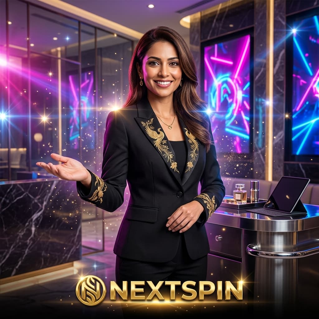 A cinematic photorealistic masterpiece featuring a stunning presenter offering premium support, set against a luxurious black and gold background with vibrant neon lights and sparkling effects for Nextspin users.