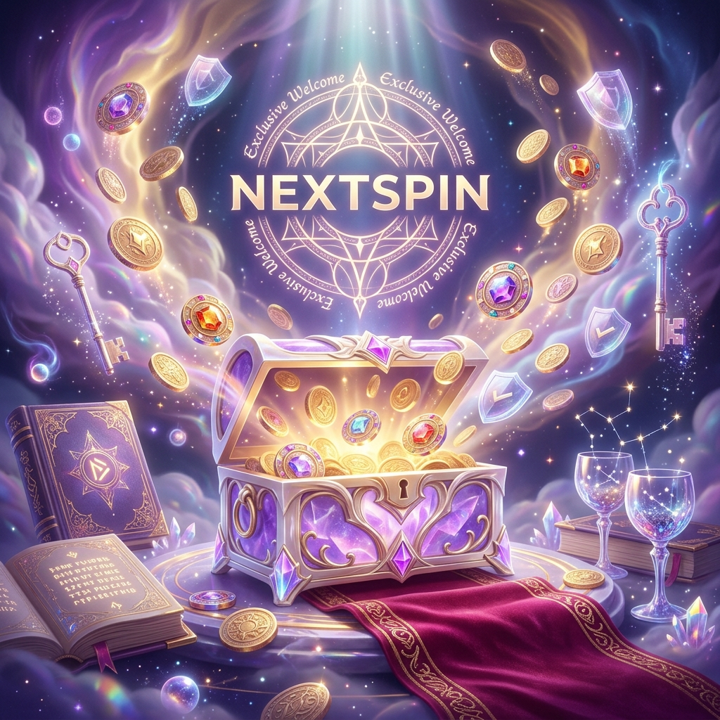 Fantasy-style advertisement for Nextspin's exclusive bonuses and VIP promotions, featuring an enchanted crystal chest erupting with a vortex of magical gold coins, gem-encrusted free spin tokens, and cashback shields in a celestial vault. Ethereal lighting, particle effects, and props like floating spellbooks and a velvet red carpet create a majestic atmosphere. The Nextspin logo is rendered as a glowing arcane sigil, symbolizing generous welcome offers, ongoing perks, and maximized player rewards in a breathtaking visual for Singapore and Southeast Asian markets.

