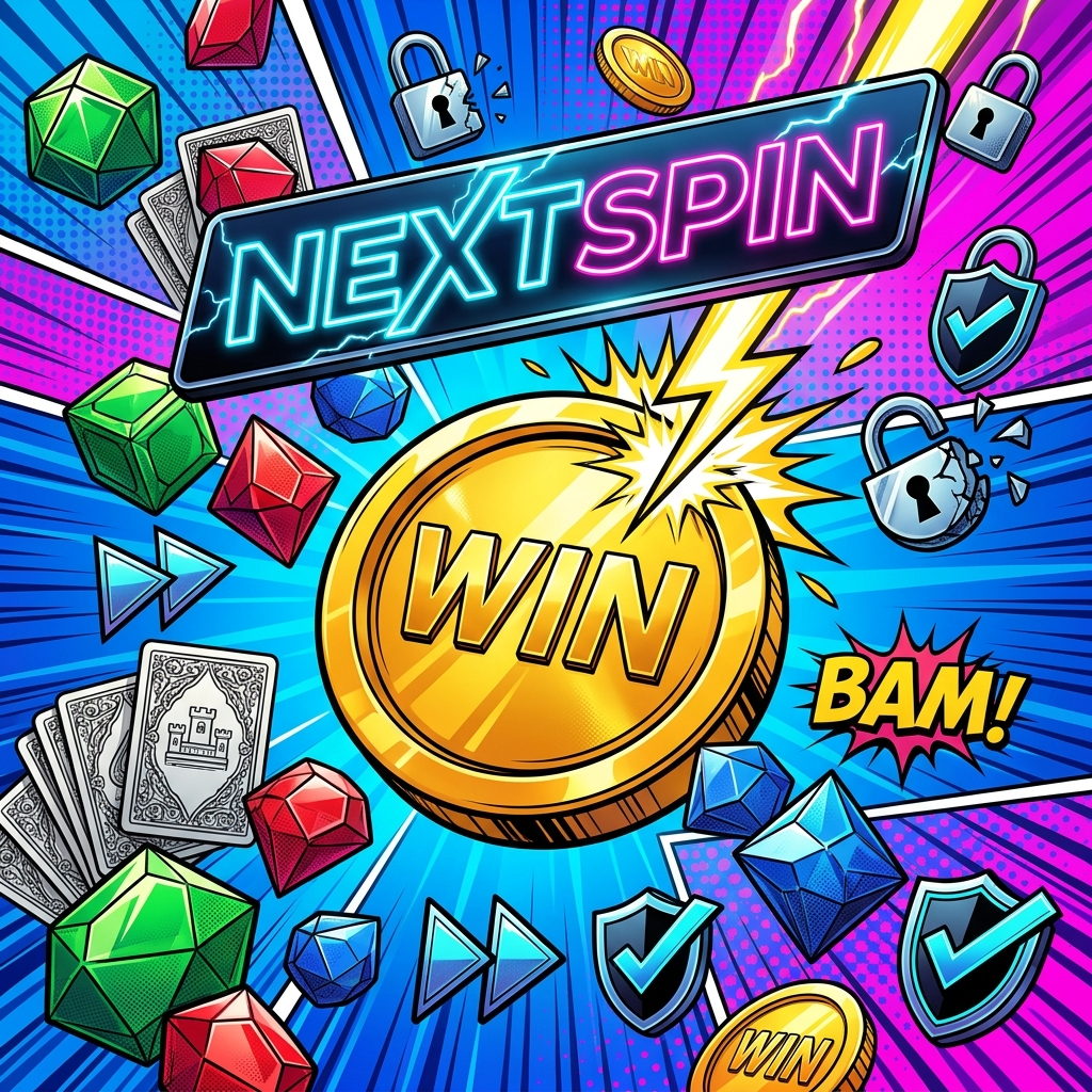 Dynamic comic book style advertisement for Nextspin online slots, showcasing a bold, cel-shaded golden coin struck by lightning amidst a cascade of stylized gem dice, playing cards, and security icons. The vibrant pop-art scene uses dramatic ink outlines, speed lines, and halftone backgrounds to convey excitement and confidence. The Nextspin logo glows as a neon emblem, emphasizing secure, fast withdrawals and fair play for Singapore and Southeast Asian players in a high-energy, graphic visual perfect for digital marketing campaigns.

