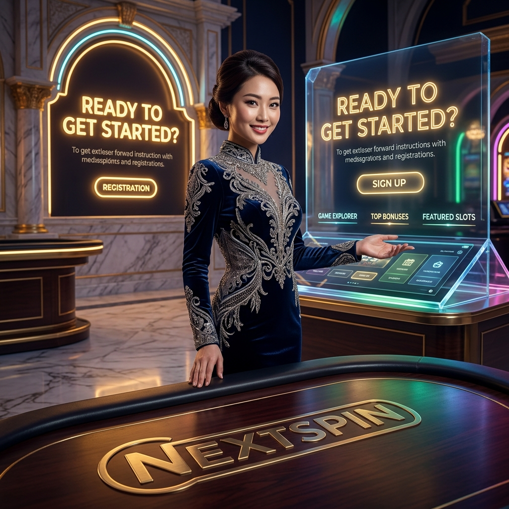 A professional Asian female presenter in a luxurious, high-fantasy casino setting promoting Nextspin online slots Singapore, featuring elegant gold branding, vibrant neon signage, and high-end cinematic lighting for a premium gaming experience.