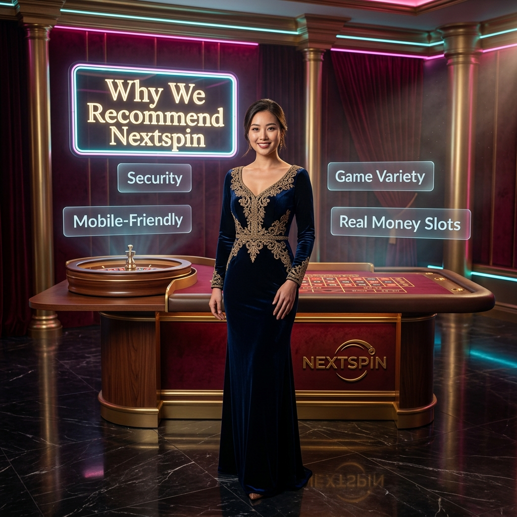 Professional Asian female presenter in luxurious high-fantasy casino setting showcasing Nextspin's trusted quality standards, featuring elegant gold branding, premium roulette table, and neon signage highlighting security, mobile-friendly gameplay, diverse slot variety, and real money rewards for Southeast Asian players.