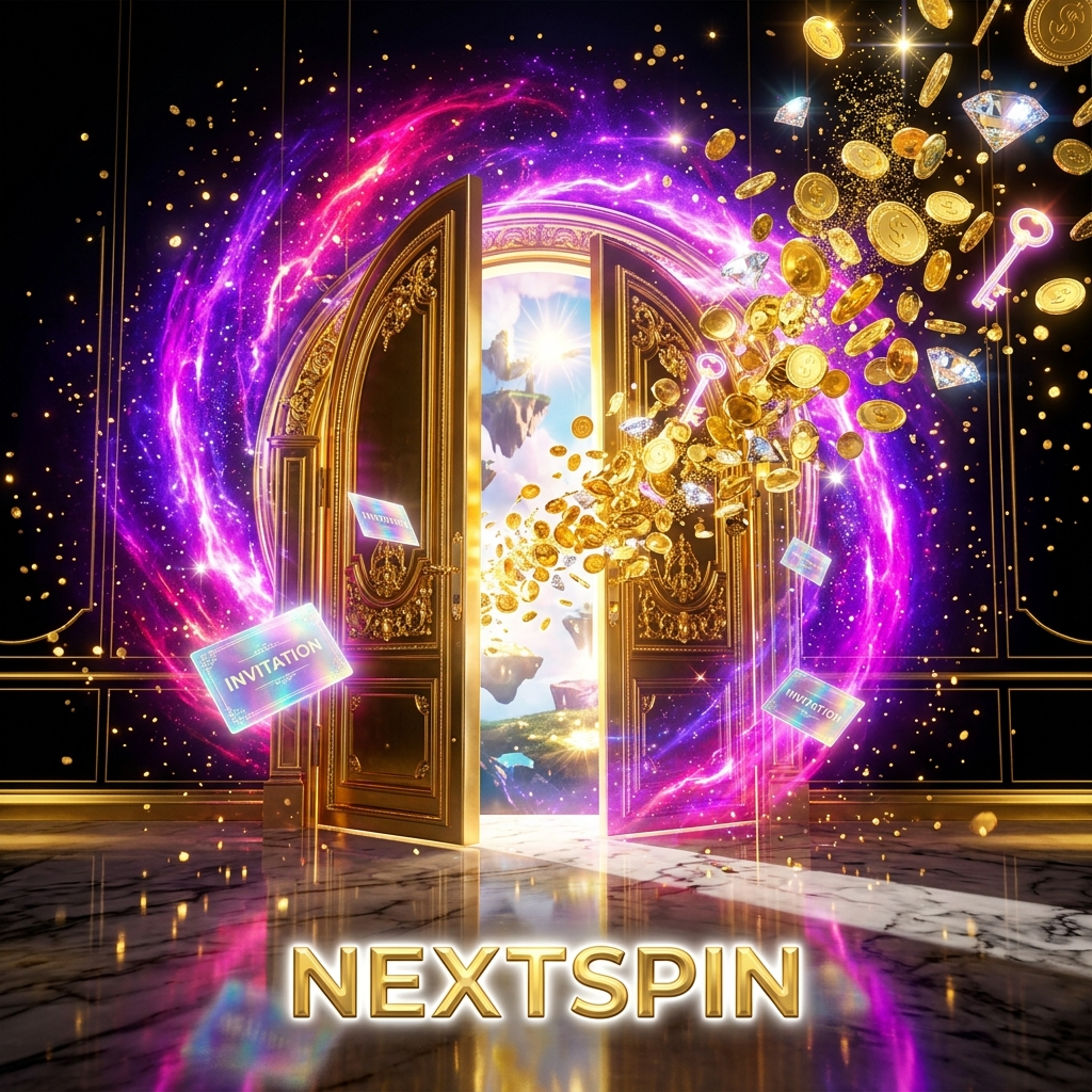 An ultra-premium surreal fantasy artwork depicting a golden gateway explosion of riches and neon lights, symbolizing the exclusive benefits and seamless experience of signing up via a Nextspin referral link.

