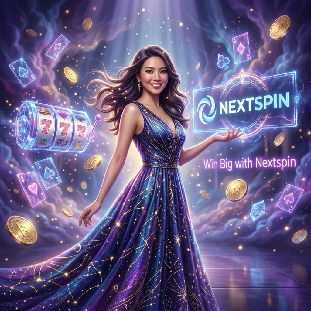 A fantasy-themed advertisement for Nextspin, Singapore's premier online slots and casino games platform. An elegant Asian female presenter in a magical, iridescent gown stands confidently in an ethereal vault of fortune, surrounded by swirling stardust, glowing golden particles, and crystalline slot machine symbols. The NEXTSPIN logo appears as a majestic hologram, integrated seamlessly into the enchanting scene. This hyper-detailed, 1:1 square image captures the thrilling and luxurious promise of big wins with dramatic fantasy lighting, intricate micro-textures, and a captivating otherworldly atmosphere, perfect for high-end digital marketing.

