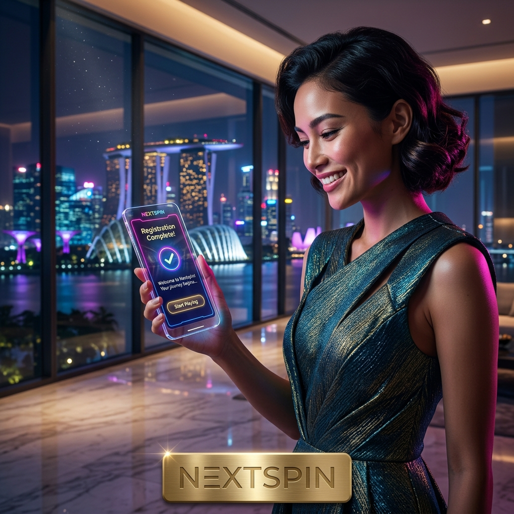 A high-end, cinematic image of a model in a luxury Singapore penthouse, celebrating a successful registration on the Nextspin online slots platform. The scene features a glowing smartphone interface, vibrant neon city lights, and a premium 3D gold NEXTSPIN logo at the bottom. This visually mesmerizing, scroll-stopping image perfectly illustrates the fast, secure, and beginner-friendly registration process for players in Singapore looking for the best online slots experience.

