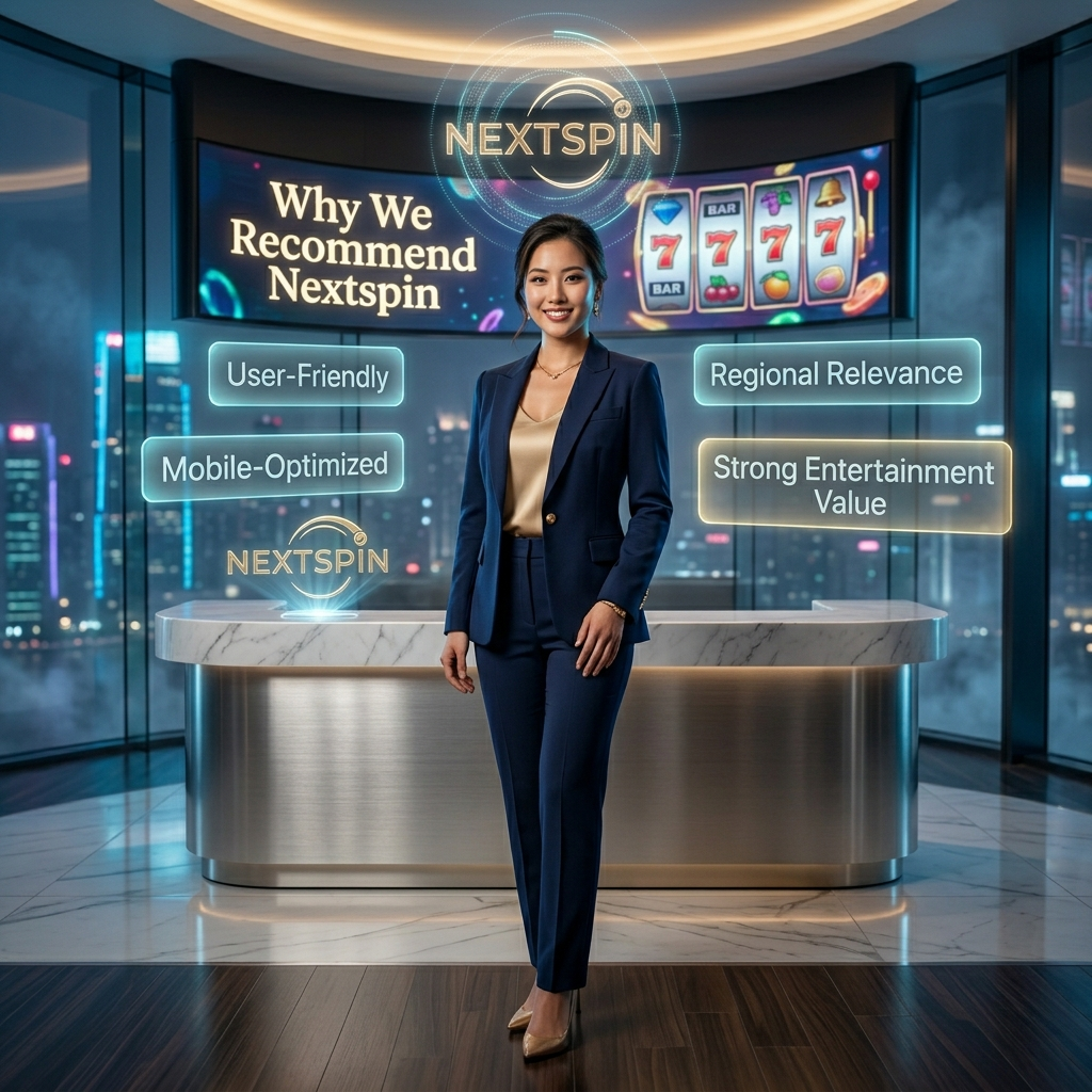 Professional Asian female presenter in futuristic luxury casino lounge highlighting Nextspin's standout user-friendly experience, mobile-optimized design, and regional relevance for Singapore and Southeast Asian players seeking seamless online slots entertainment.
