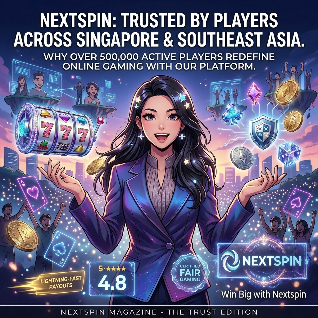A vibrant anime-style advertisement showcasing Nextspin as trusted by players across Singapore and Southeast Asia. A charismatic Asian female presenter with expressive anime eyes is featured in a dynamic close-up, set against a hand-painted backdrop of a futuristic cityscape filled with glowing player avatars. Animated UI elements display a 4.8/5 rating, certified fair gaming seal, and lightning-fast payout graphics. The NEXTSPIN logo glows as a floating digital graphic. This detailed 1:1 image captures the energy and trust of a massive online slots community with dramatic anime lighting and intricate 2D/3D hybrid rendering.

