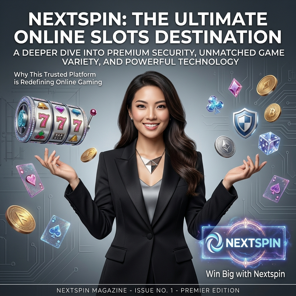 A high-fashion magazine-style advertisement answering 'Why Nextspin is Your Ultimate Online Slots Destination.' A confident Asian female presenter in sophisticated avant-garde attire stands in a minimalist luxury studio set with a gradient backdrop. Floating 3D icons represent security, game variety, and ease of use. The NEXTSPIN logo is elegantly embossed into the composition. This ultra-detailed 1:1 image uses sleek studio lighting, airbrushed aesthetics, and premium textures to visually communicate trust, premium selection, and seamless access for Singapore online slots players.

