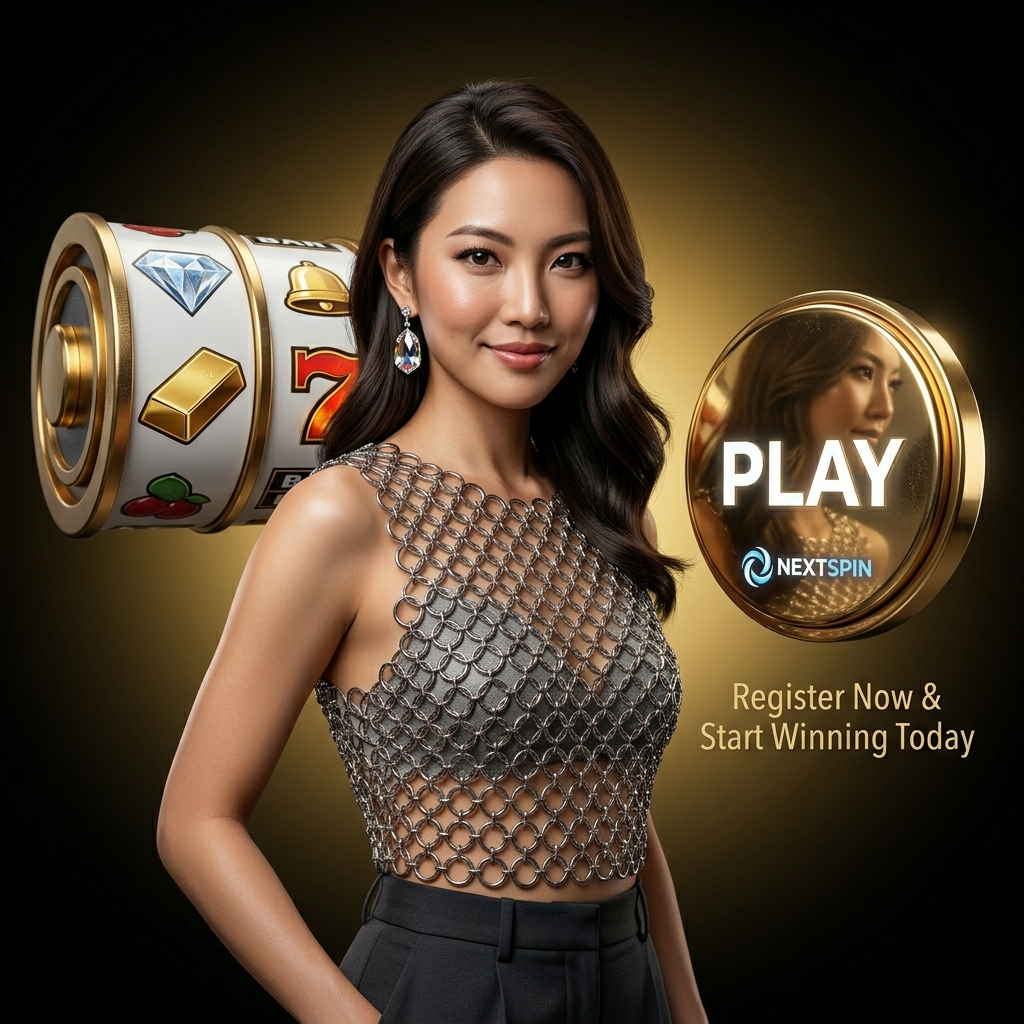 A hyper-realistic photorealistic advertisement with the message 'Your Next Big Win is Just One Click Away' for Nextspin online slots. A confident Asian female presenter in detailed metallic haute couture is highlighted with dramatic studio lighting against a minimalist gold gradient background. A giant, meticulously detailed slot reel and a floating golden PLAY button with the integrated NEXTSPIN logo dominate the scene. This 1:1 square image, shot with cinematic quality, emphasizes immediate action and luxury with extreme micro-textures, ray-traced reflections, and breathtaking visual depth for Singapore players.


